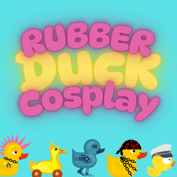 Illustration titled "Rubber Duck Cosplay" with five uniquely styled ducks.