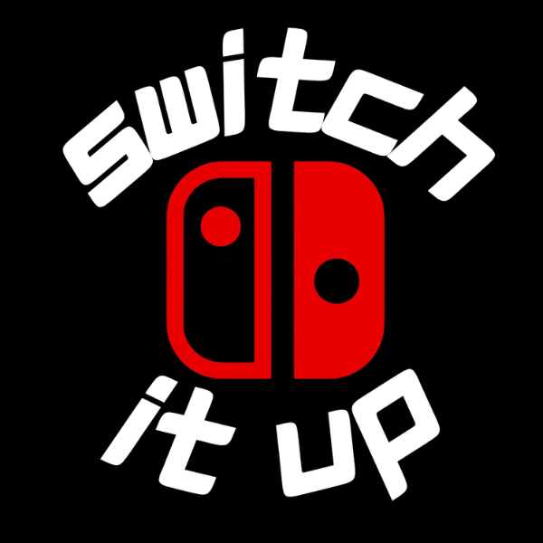 A logo with a red Joy-Con symbol and the words "switch it up" in white text surrounding it on a black background.