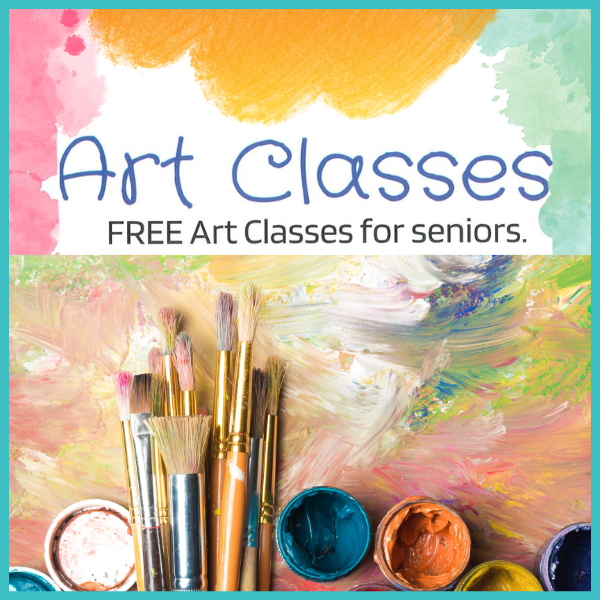 Banner image with text "Art Classes, FREE Art Classes for seniors" over a colorful paint background with brushes and paint jars.