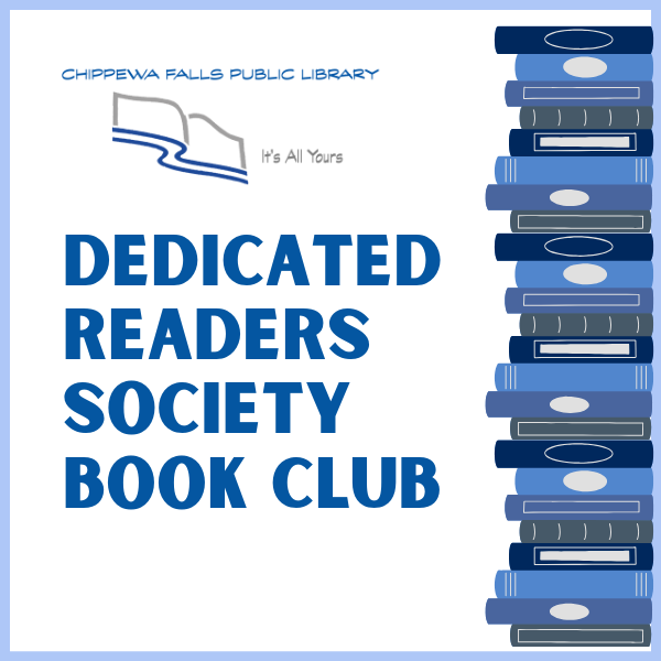 "Dedicated Readers Society Book Club promotional graphic with library logo and vertical stack of books."