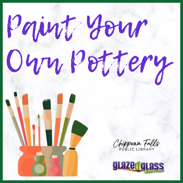 Promotional image for a "Paint Your Own Pottery" event with brushes and pots at the bottom and sponsor logos.