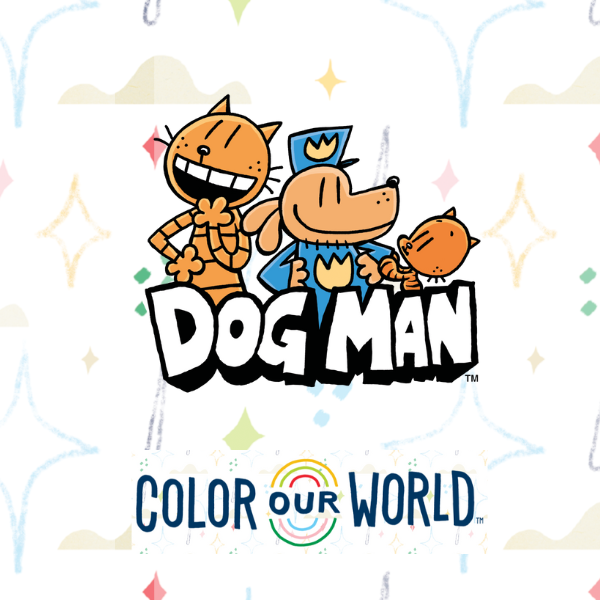 Cartoon characters of a cat, a dog in a uniform, and a kitten above bold text “Dog Man” and colorful “Color Our World” on a patterned background.