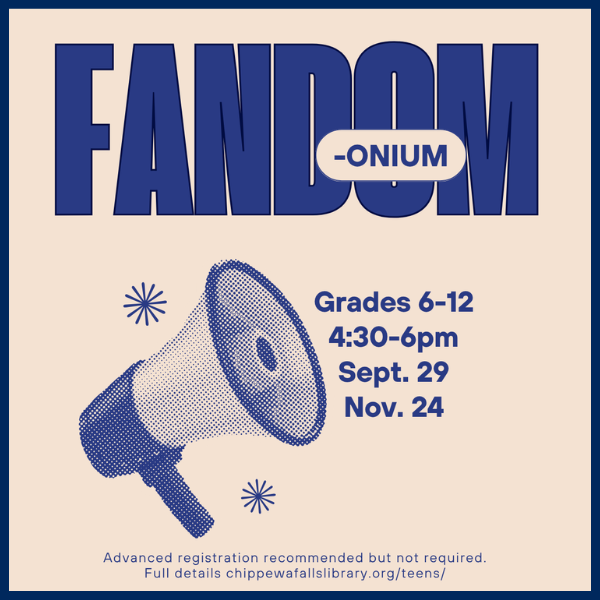 Poster advertising a Fandom-Onium event with a megaphone graphic and event details for Grades 6-12.