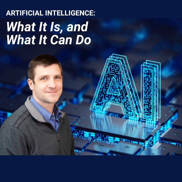 "Portrait of a person with digital 'AI' text on a motherboard background, alongside title text artificial intelligence what it is and what it can do."