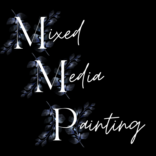 Stylized text "Mixed Media Painting" with decorative foliage on a black background.