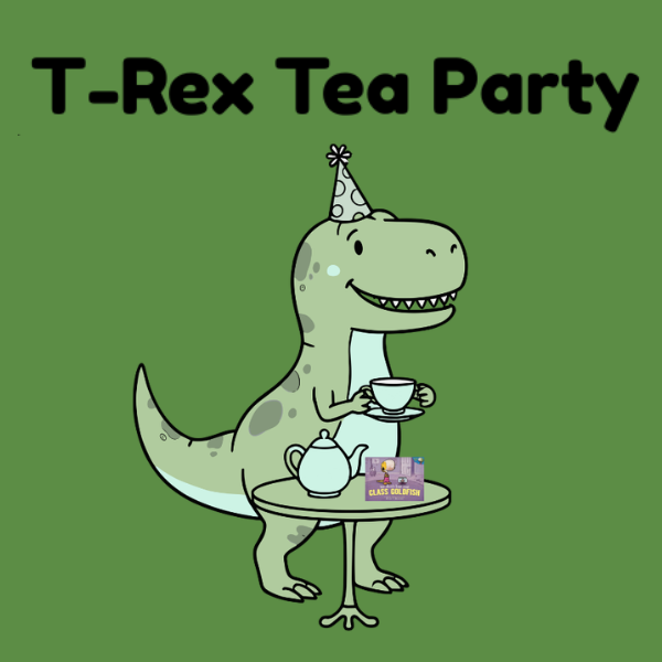 Cartoon T-Rex at a tea party, holding a teacup beside a table with a teapot.