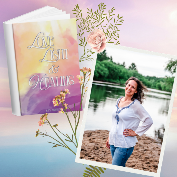 A book titled "Love Light & Healing" and a smiling woman standing by a river.