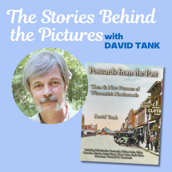 Promotional graphic featuring a photo of a person with the book "Postcards from the Past" on a light blue background.