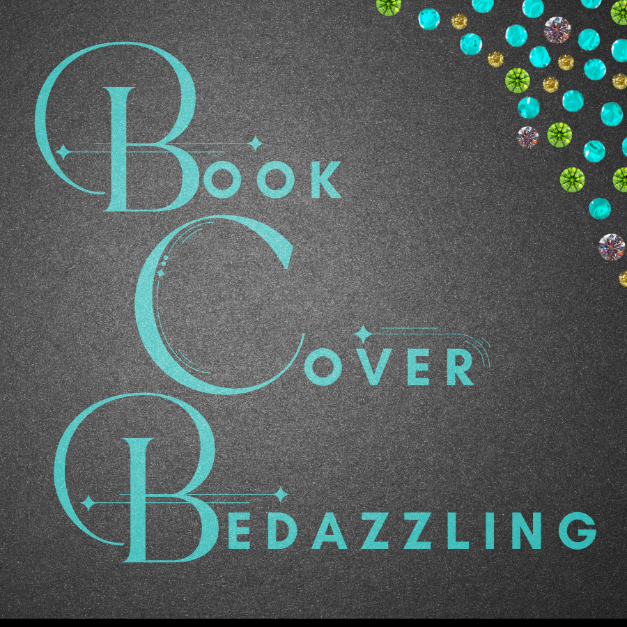 "Text: Book Cover Bedazzling. Decorative turquoise font on a dark background with colorful circles in the corner."